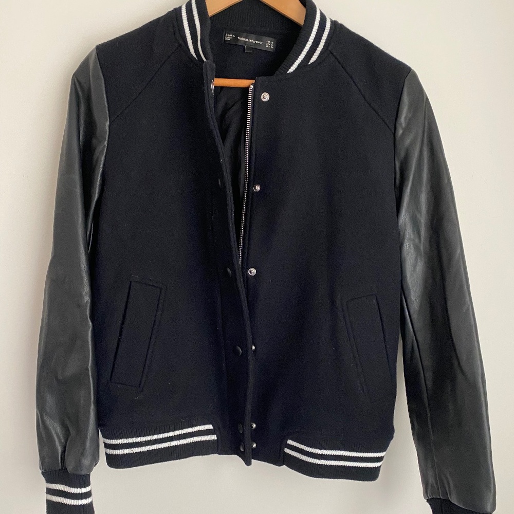 Zara Leather Sleeve Bomber Jacket (Medium)